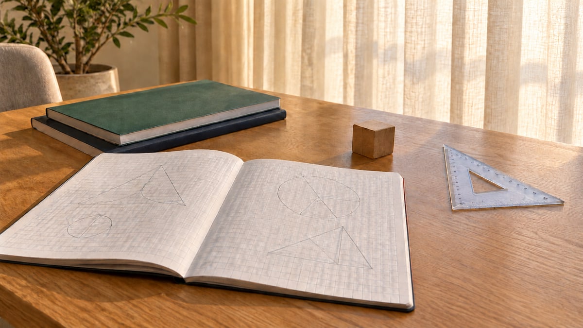 Squared-paper study notes, plain workbooks, a wooden cube and triangle ruler on an oak desk.