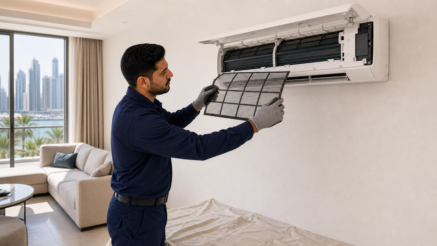 male HVAC technician cleaning a split AC filter in a Dubai apartment