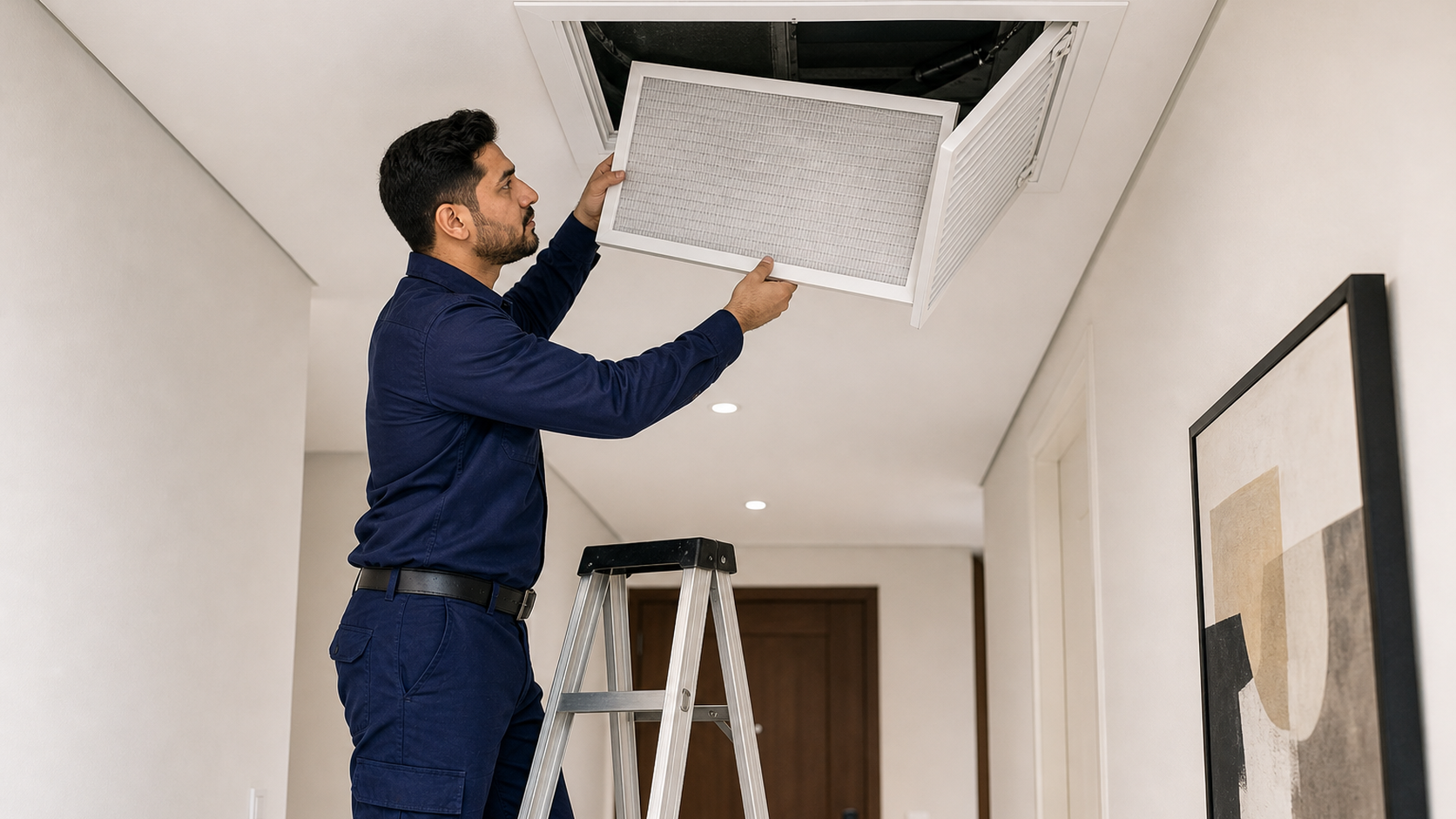 male HVAC technician removing a ducted AC return filter from a Dubai apartment ceiling grille