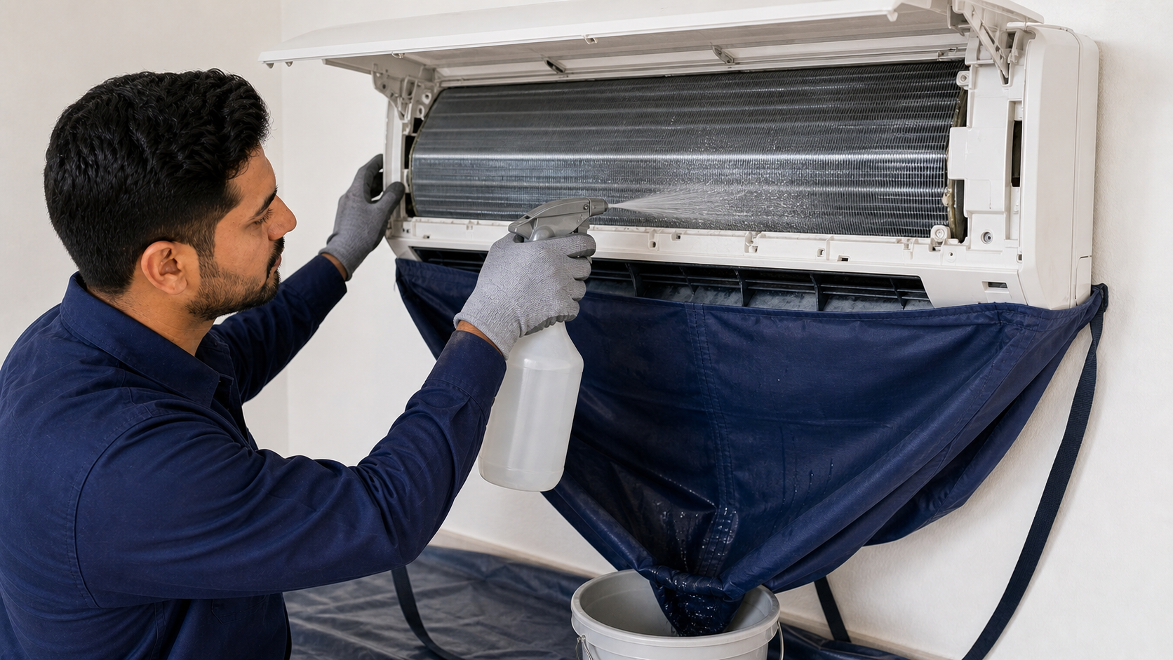 male HVAC technician cleaning a split AC coil with a protection bag in Dubai
