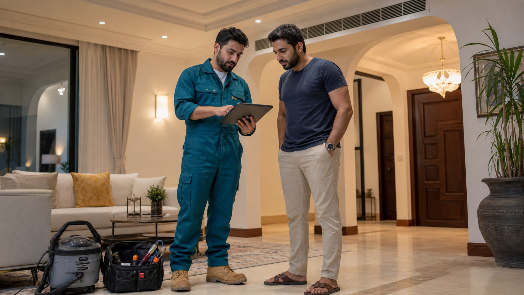 Male HVAC technician reviewing an AC cleaning quote checklist with a Sharjah resident