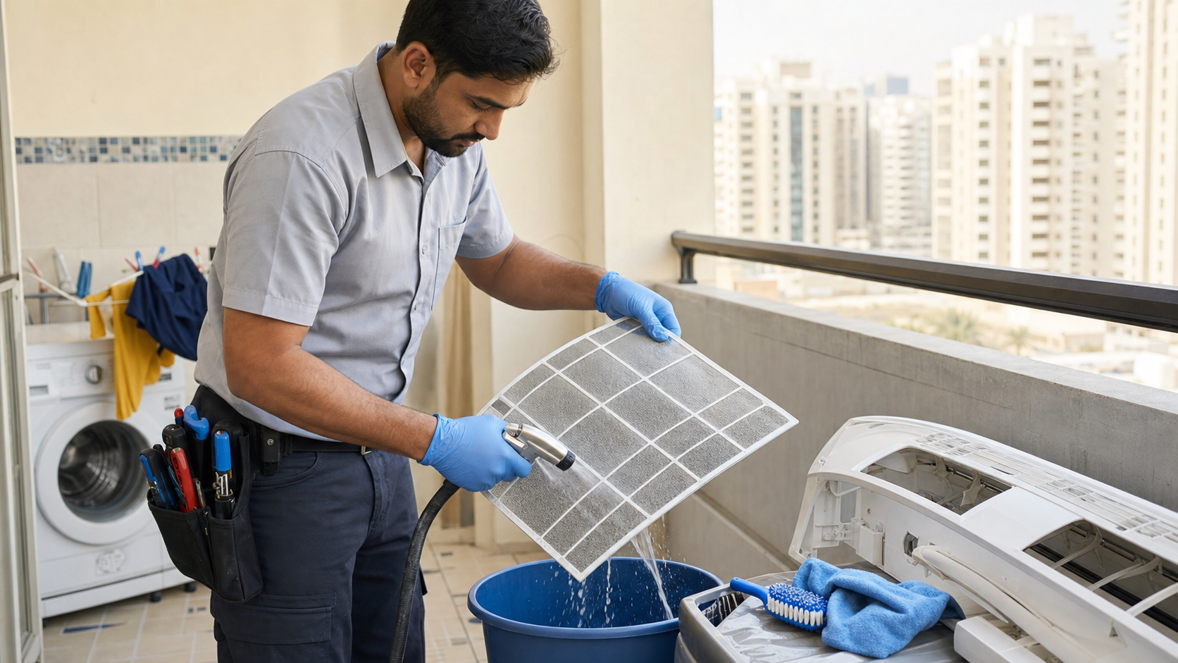 Male technician checking a washable AC filter in a Sharjah apartment balcony area