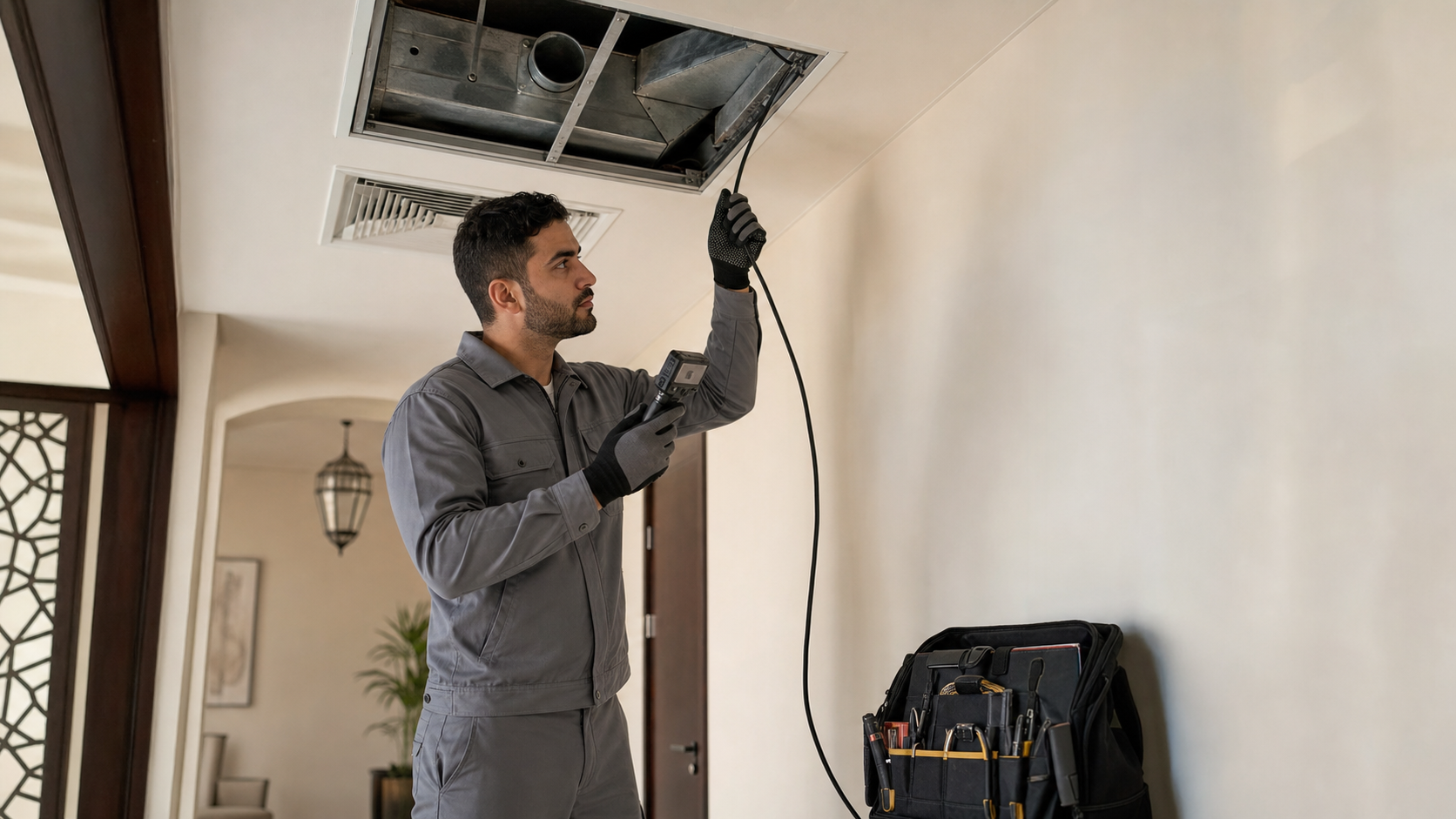 Male HVAC technician inspecting dusty AC ducts with a camera in a Dubai villa