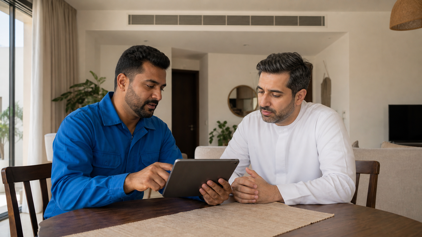 Male HVAC technician reviewing an AC duct cleaning quote checklist with a Dubai resident in a townhouse living room