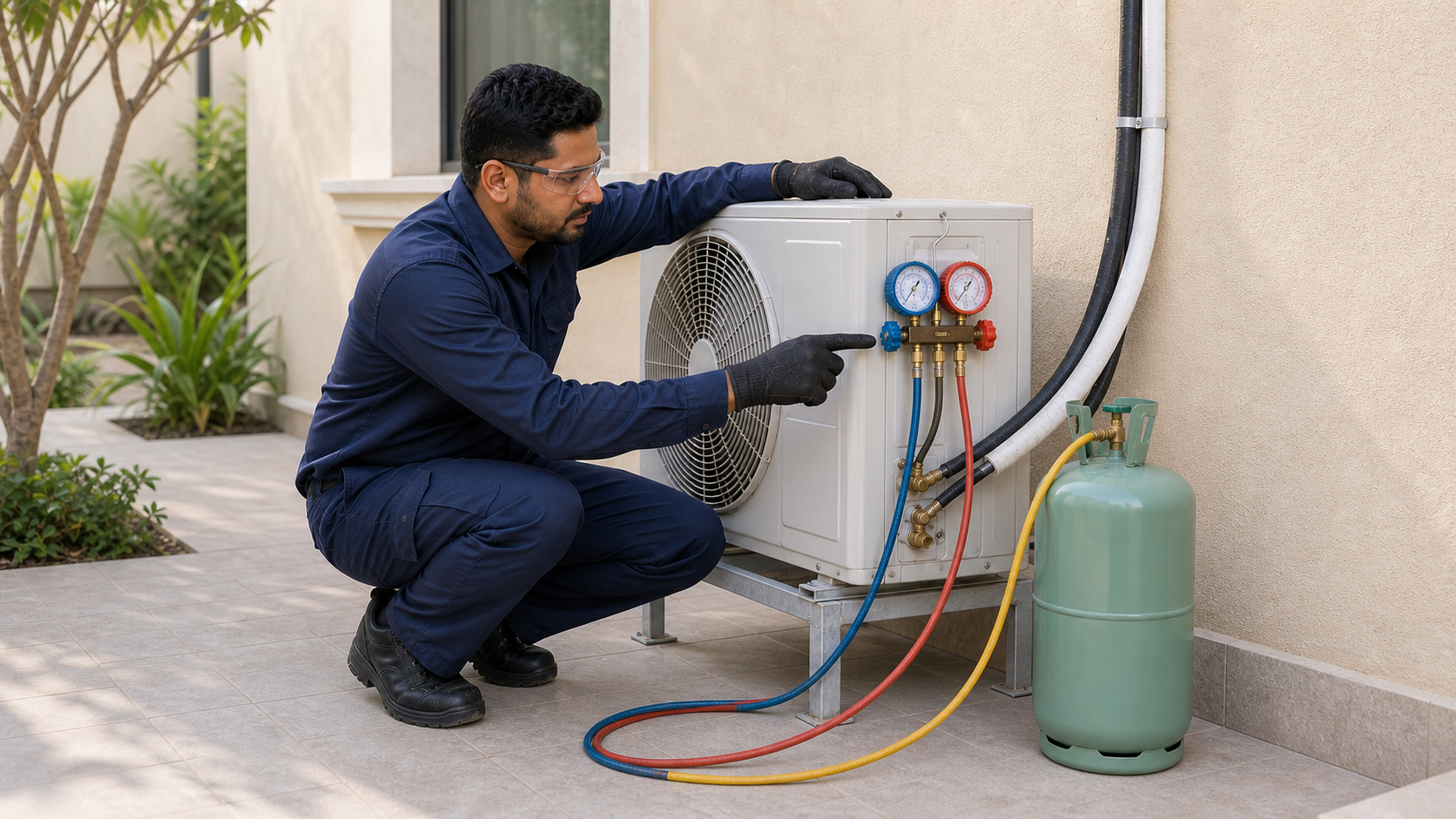 male HVAC technician checking manifold gauges during residential AC gas refill at a Dubai villa outdoor unit