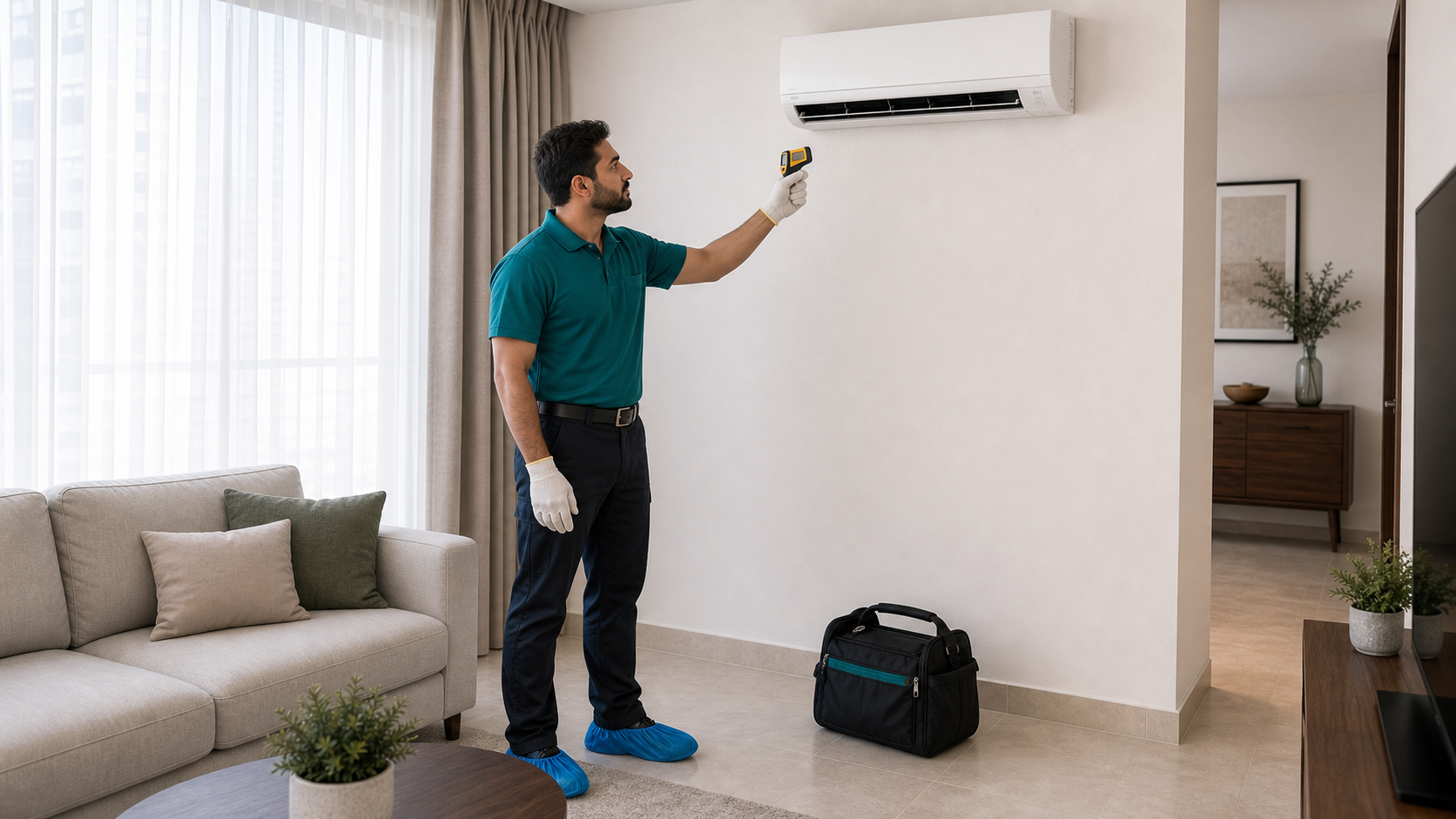 male HVAC technician checking indoor split AC cooling after gas refill in a Dubai apartment