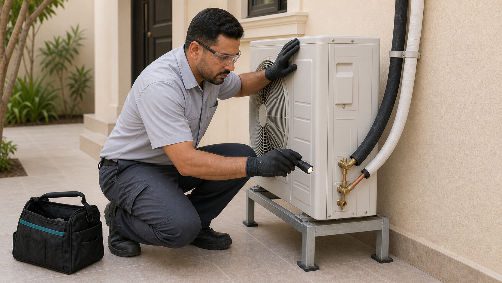 male HVAC technician inspecting outdoor AC copper lines before refrigerant gas refill in a Dubai townhouse