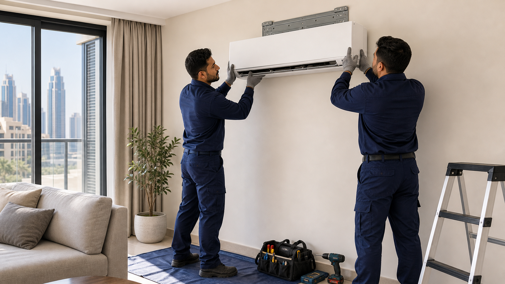 two male HVAC technicians installing a split AC indoor unit in a Dubai apartment