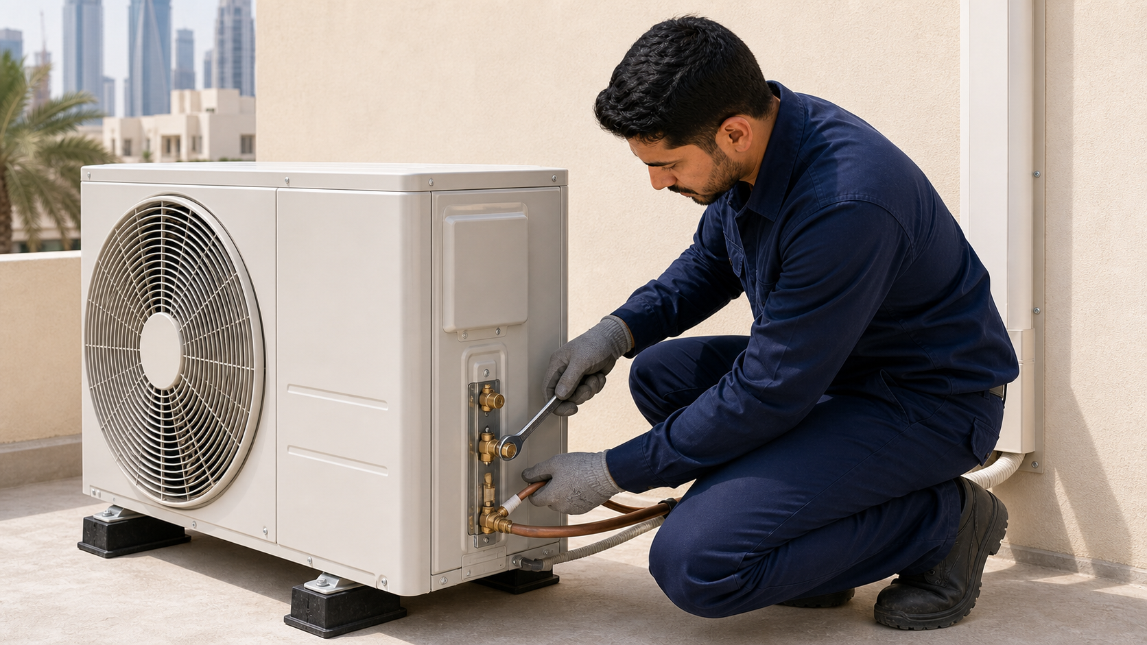 male HVAC technician connecting AC condenser pipes on a Dubai apartment balcony