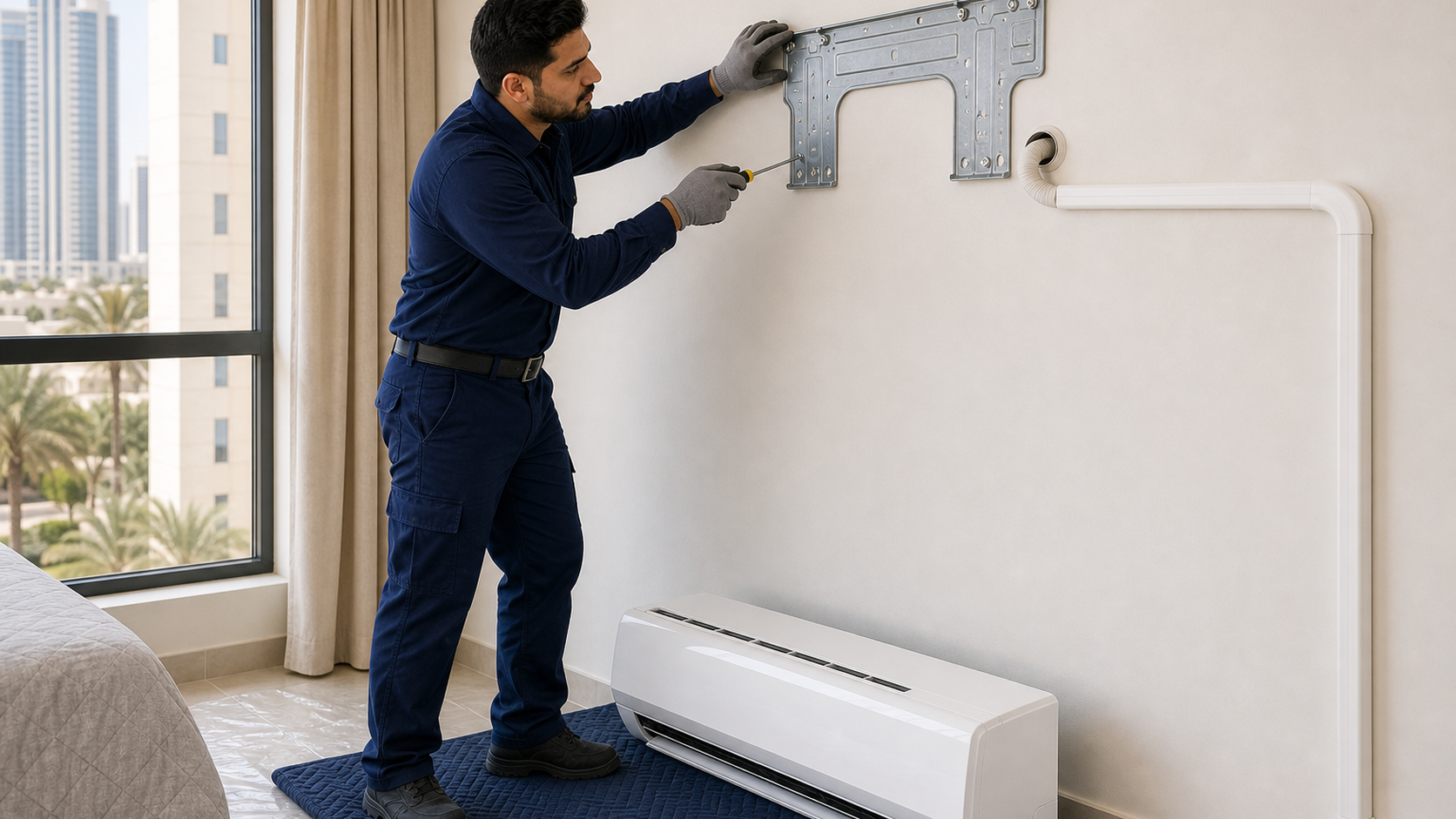 male HVAC technician checking split AC wall bracket and drain route in Dubai