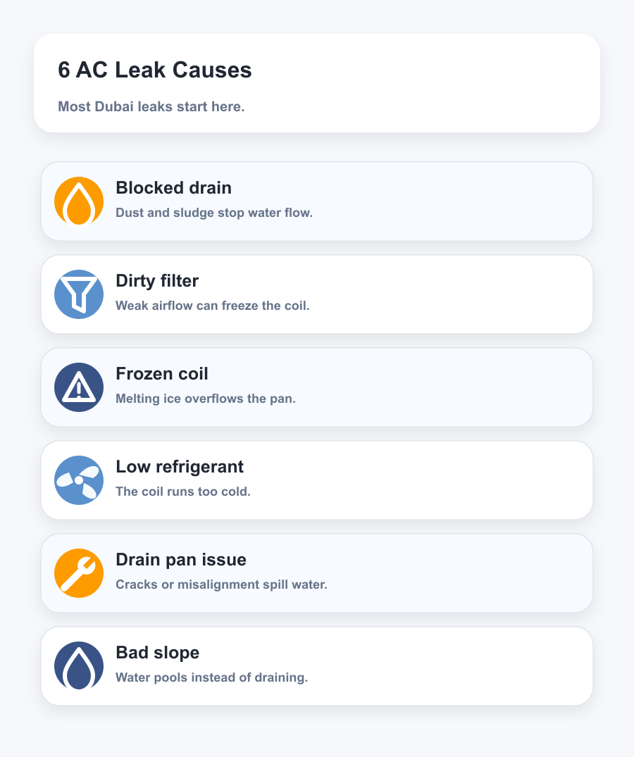AC leaking water Dubai 6 causes - blocked drain dirty filter frozen coil refrigerant pan slope