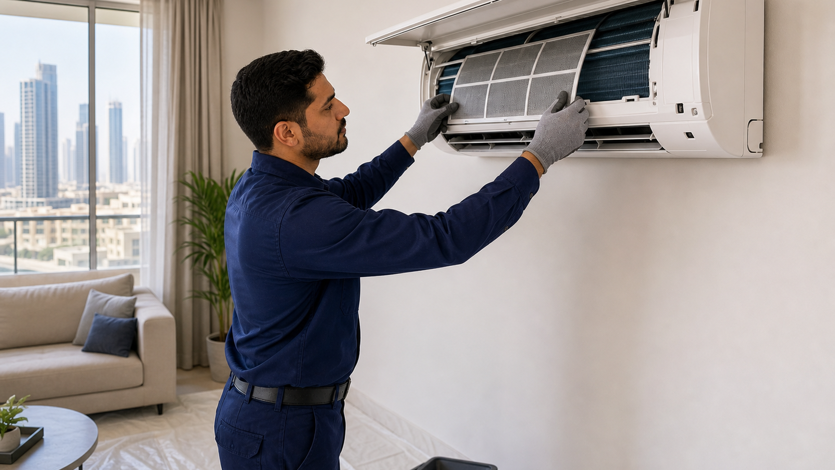 male HVAC technician performing routine split AC maintenance in a Dubai apartment