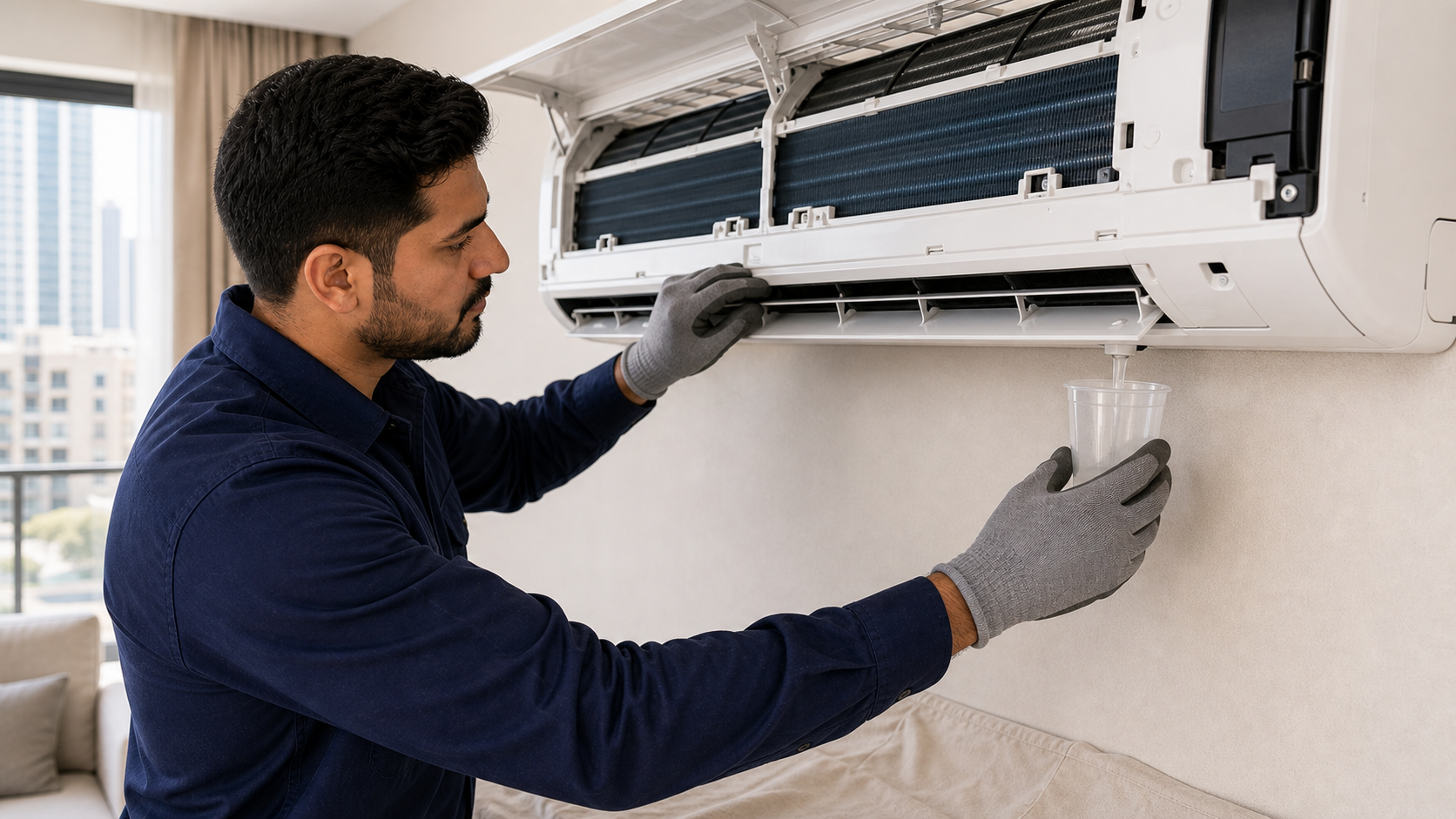 male HVAC technician checking split AC drain and louver during maintenance in Dubai