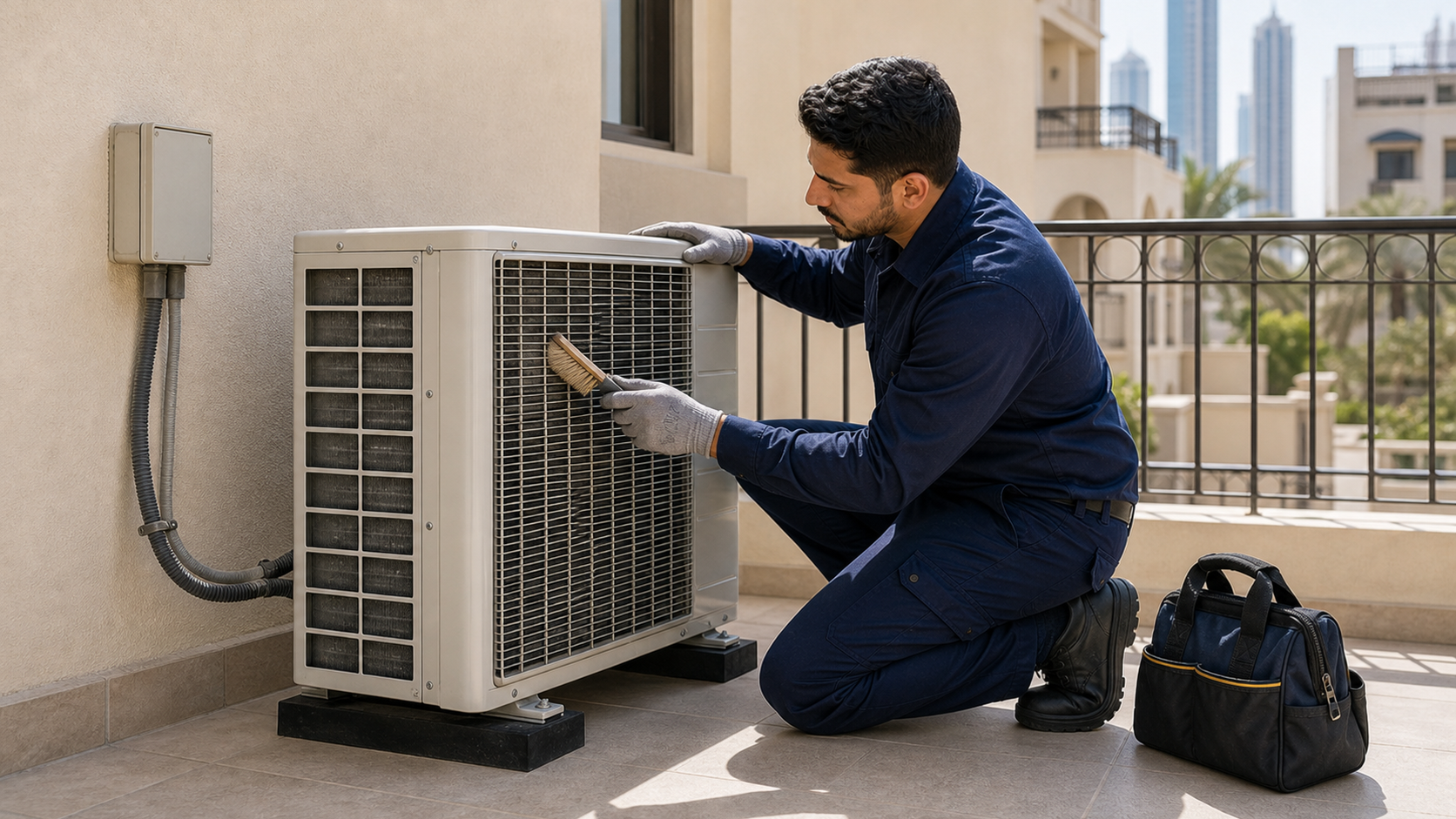 male HVAC technician cleaning an outdoor AC condenser grille on a Dubai balcony