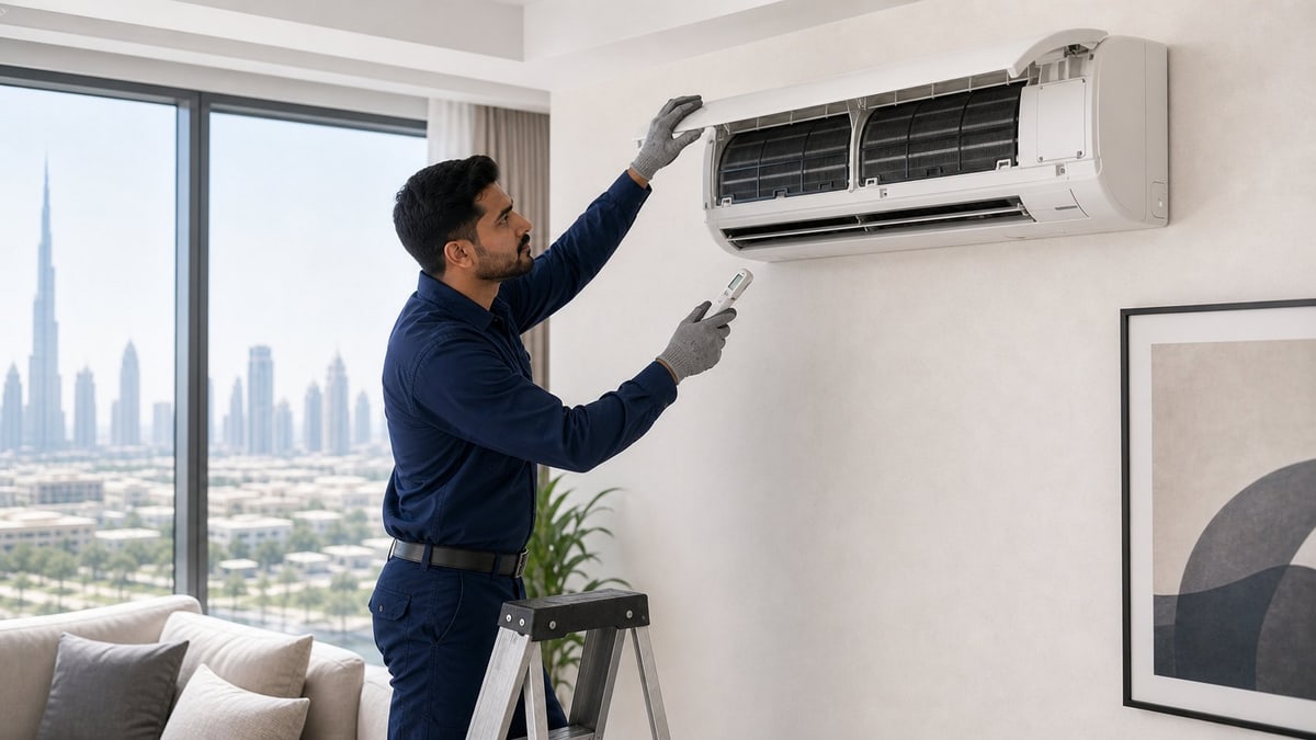 Technician inspecting the front of an indoor split AC unit