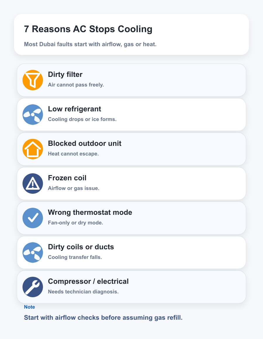 AC not cooling Dubai 7 causes - dirty filter low gas blocked condenser frozen coil compressor