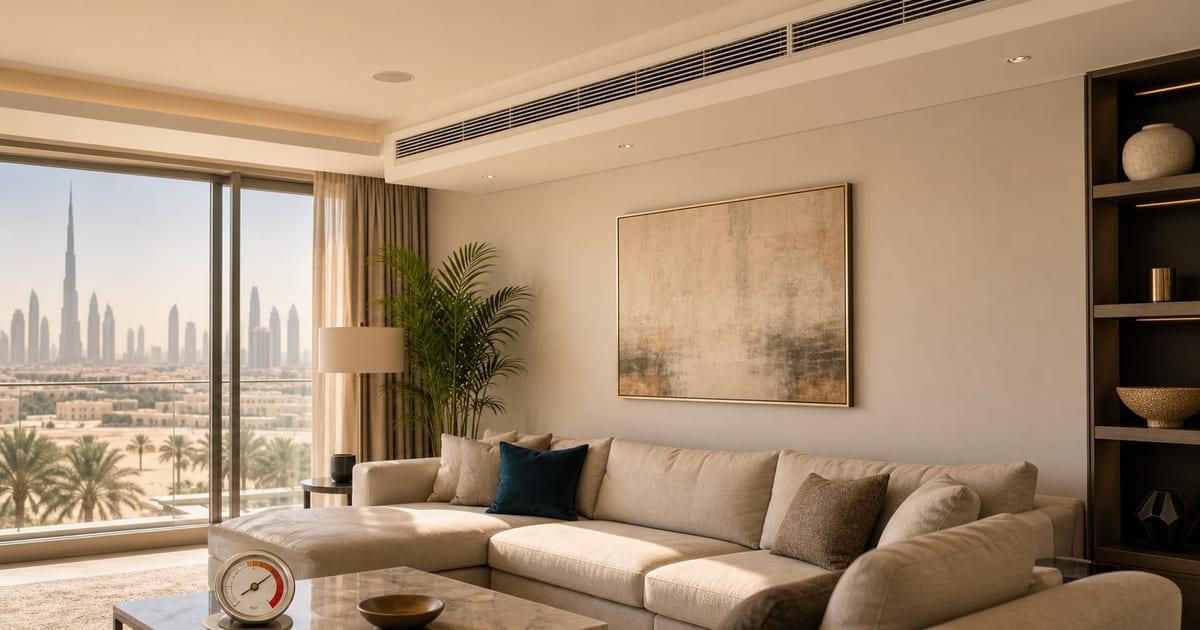 AC repair technician checking a wall mounted AC in a Dubai apartment