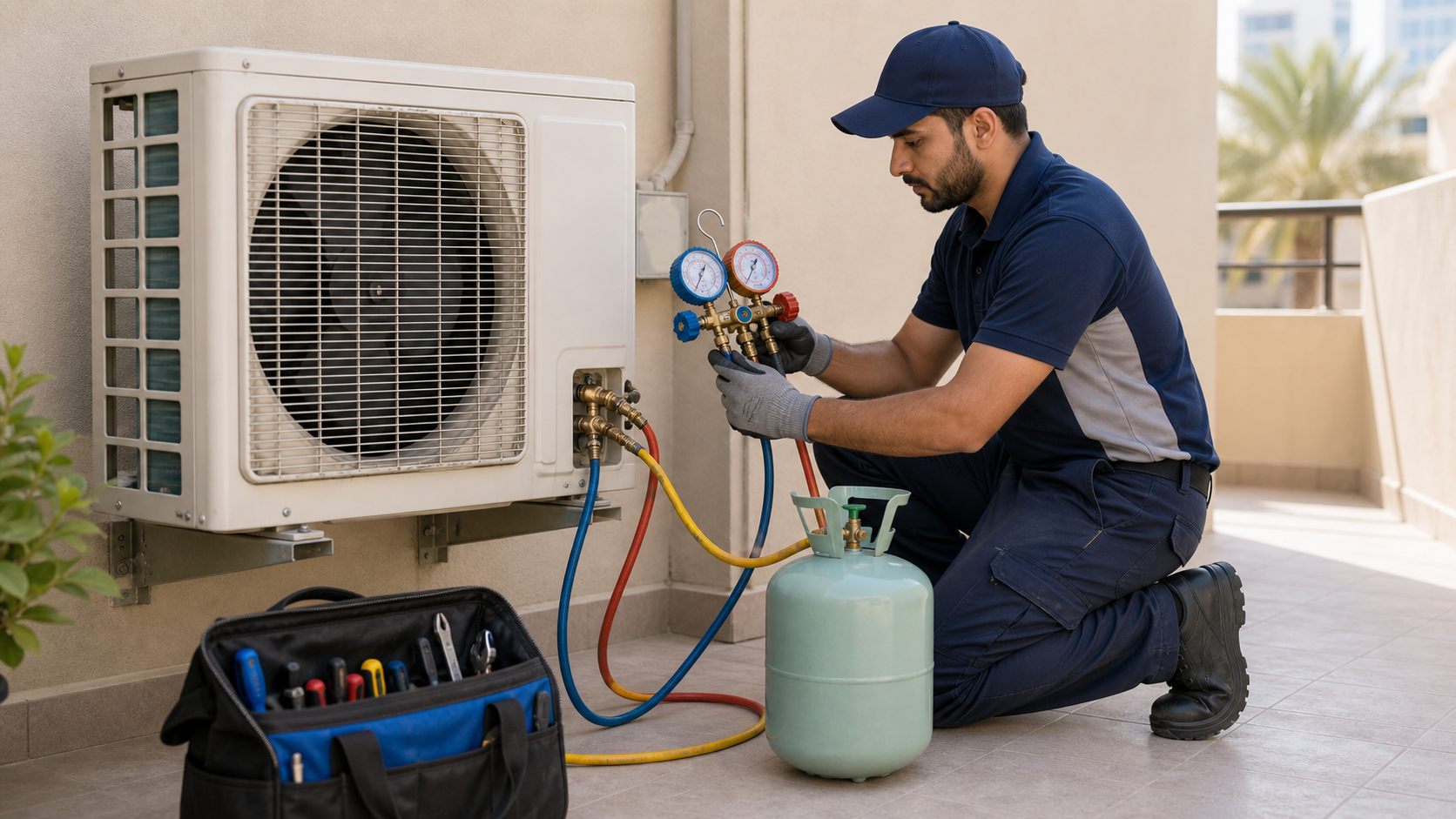 AC technician refilling refrigerant gas on a Dubai apartment balcony