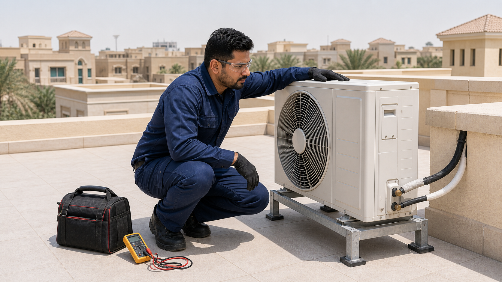male AC technician diagnosing an outdoor condenser on a Dubai villa rooftop