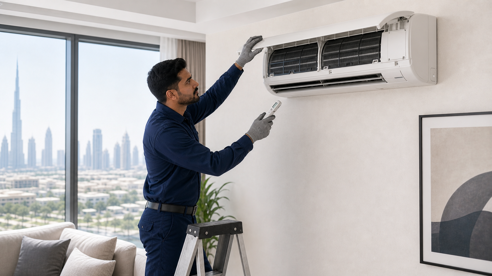 male AC technician checking an indoor split AC unit in a Dubai apartment living room