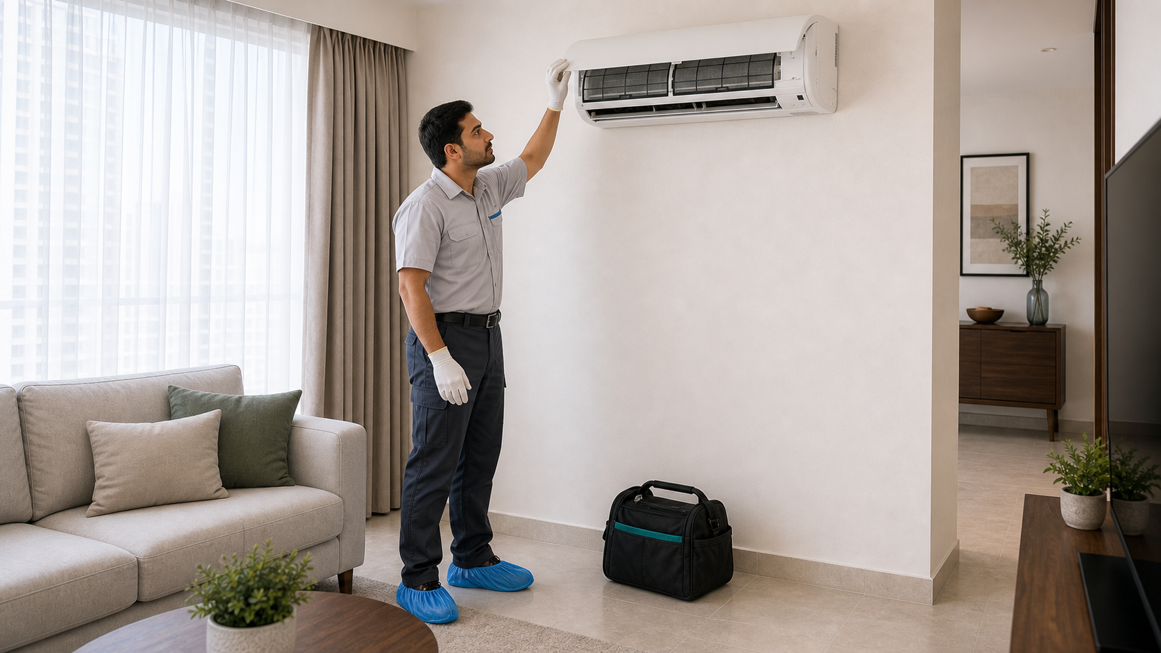 male AC technician checking an indoor split AC unit in a Dubai apartment living room