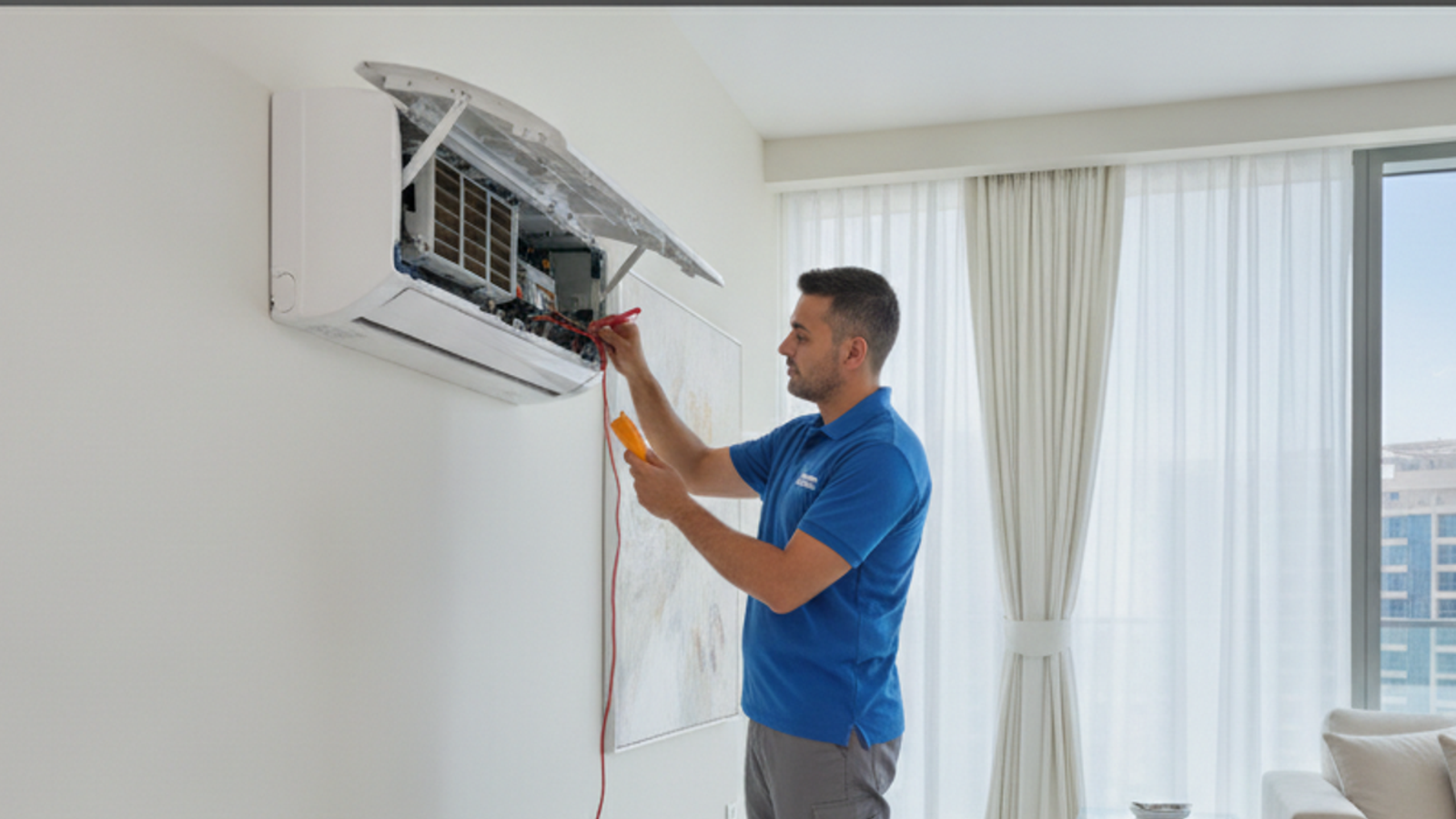AC technician diagnosing a wall mounted split AC unit in a Dubai apartment