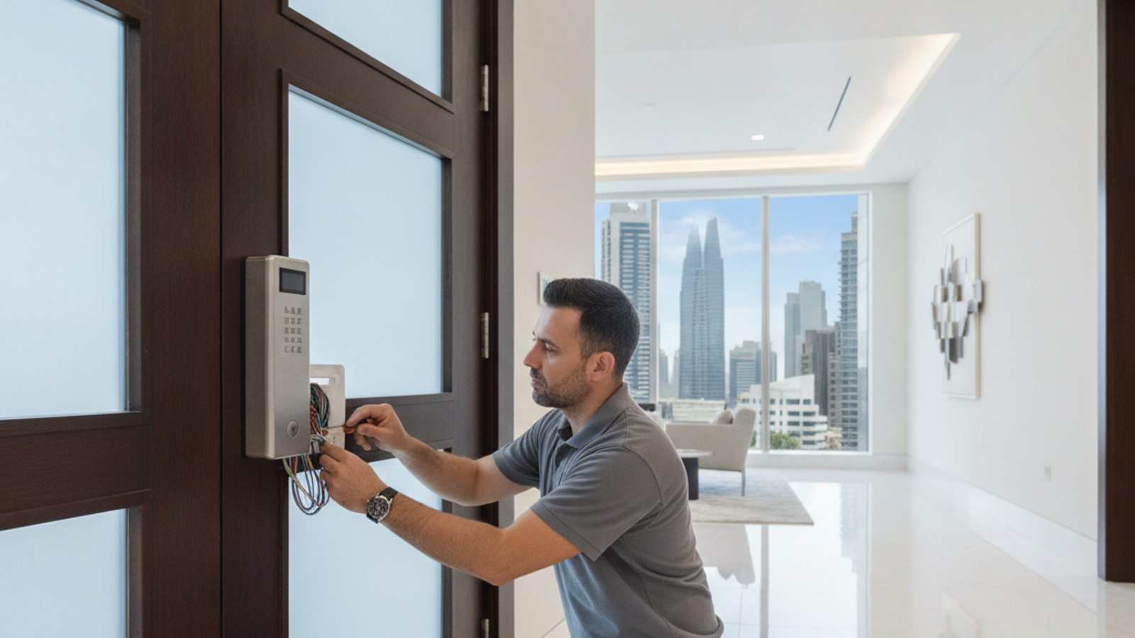 technician installing an access control reader on a Dubai office door