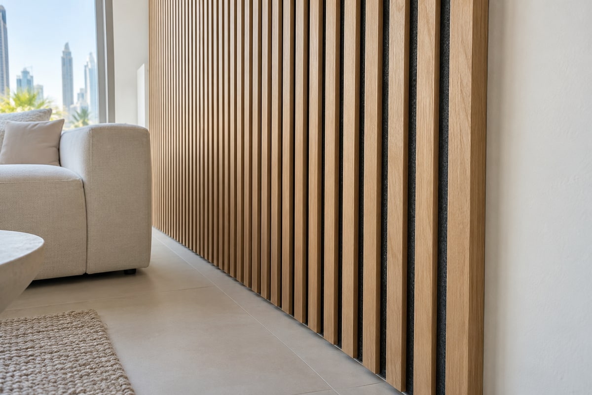 Oak slats over dark felt backing finish an interior wall beside a sofa.