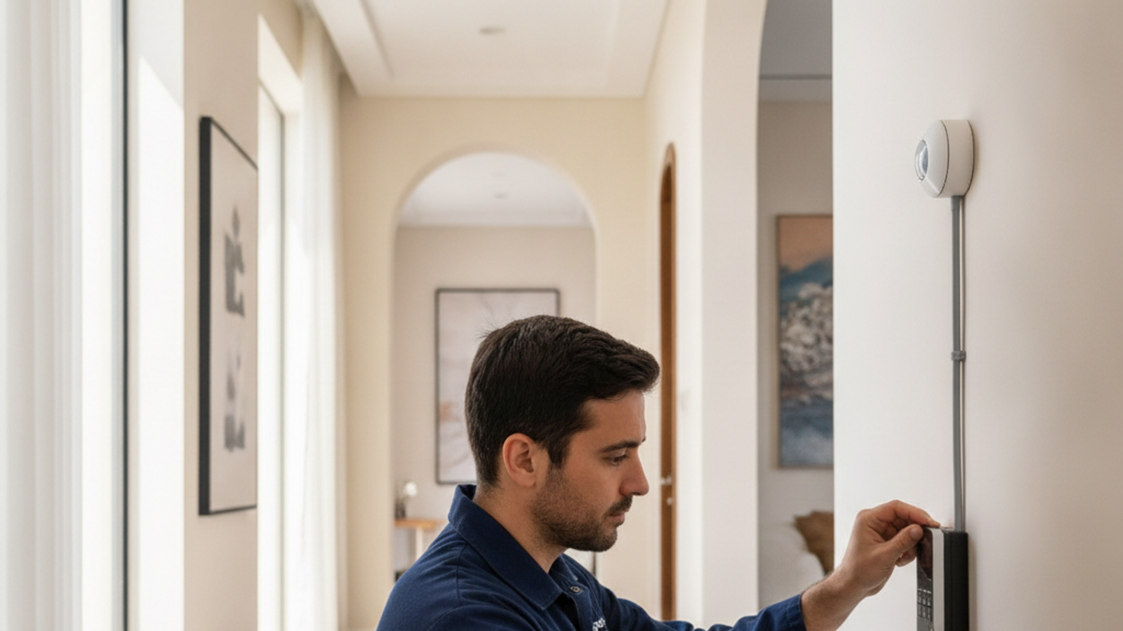 technician installing a home alarm keypad and motion sensor in Dubai