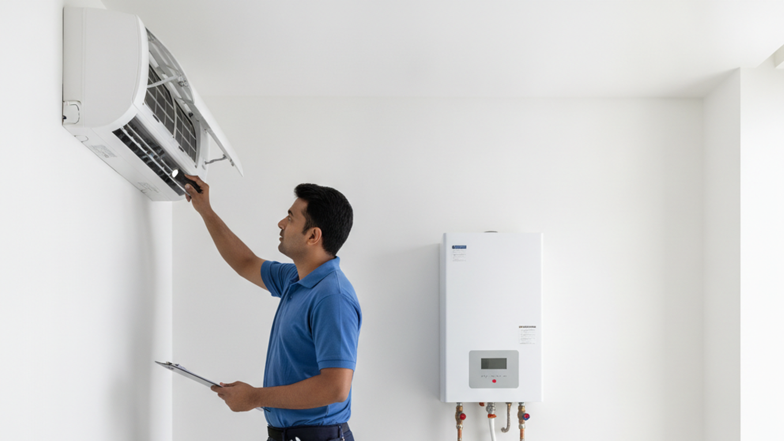 home maintenance technician checking AC and plumbing during a Dubai villa inspection