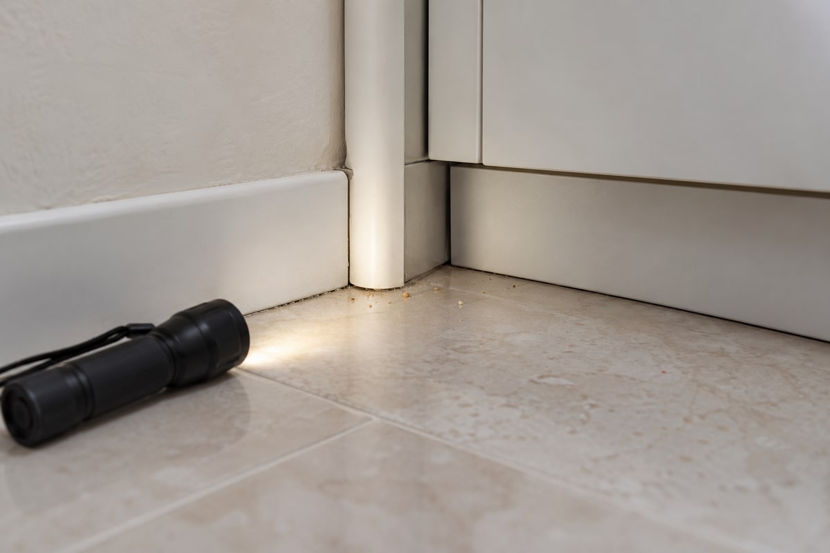 Flashlight illuminating a kitchen skirting corner and small crumbs
