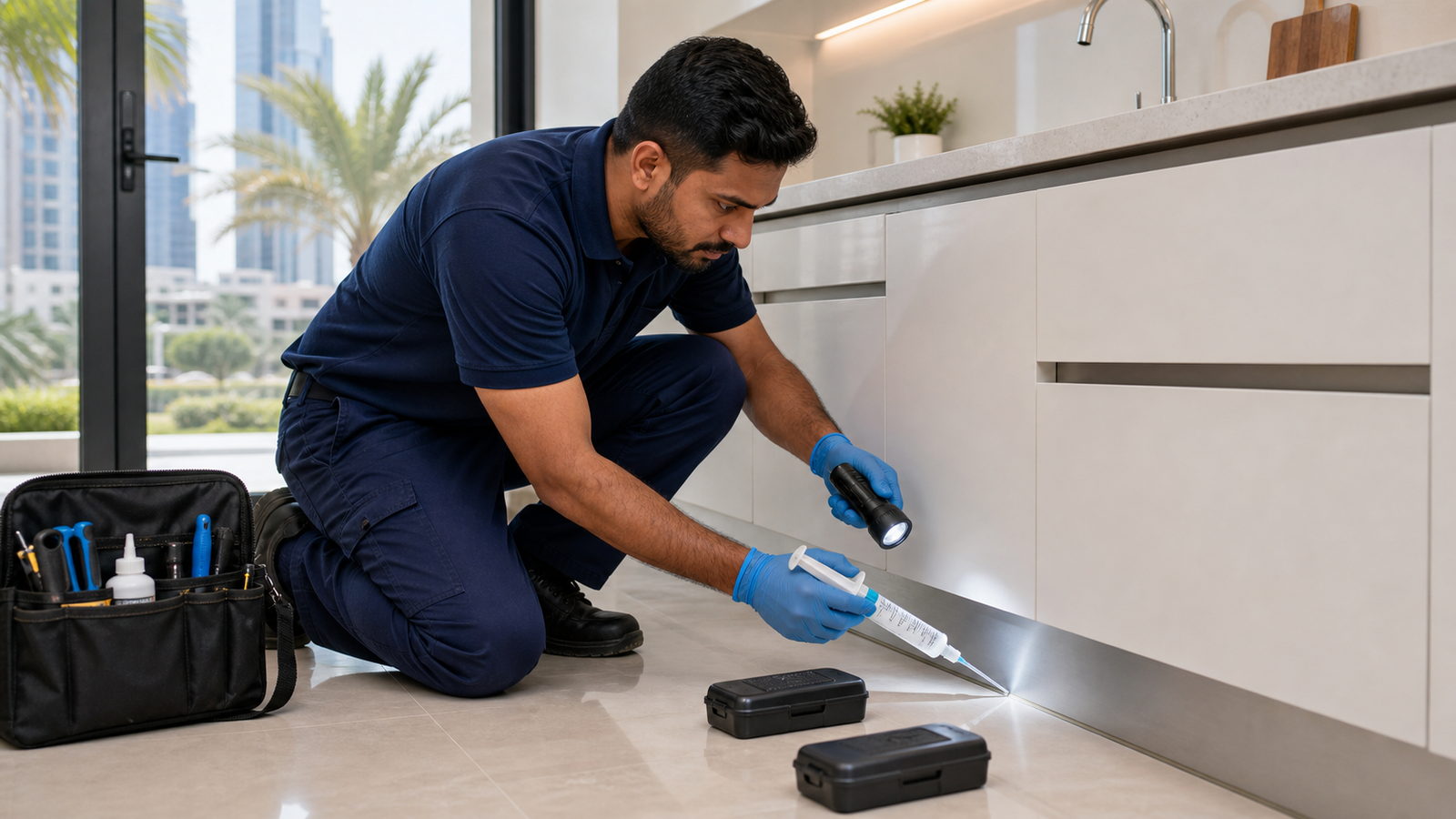 pest control technician applying ant gel bait in a Dubai kitchen