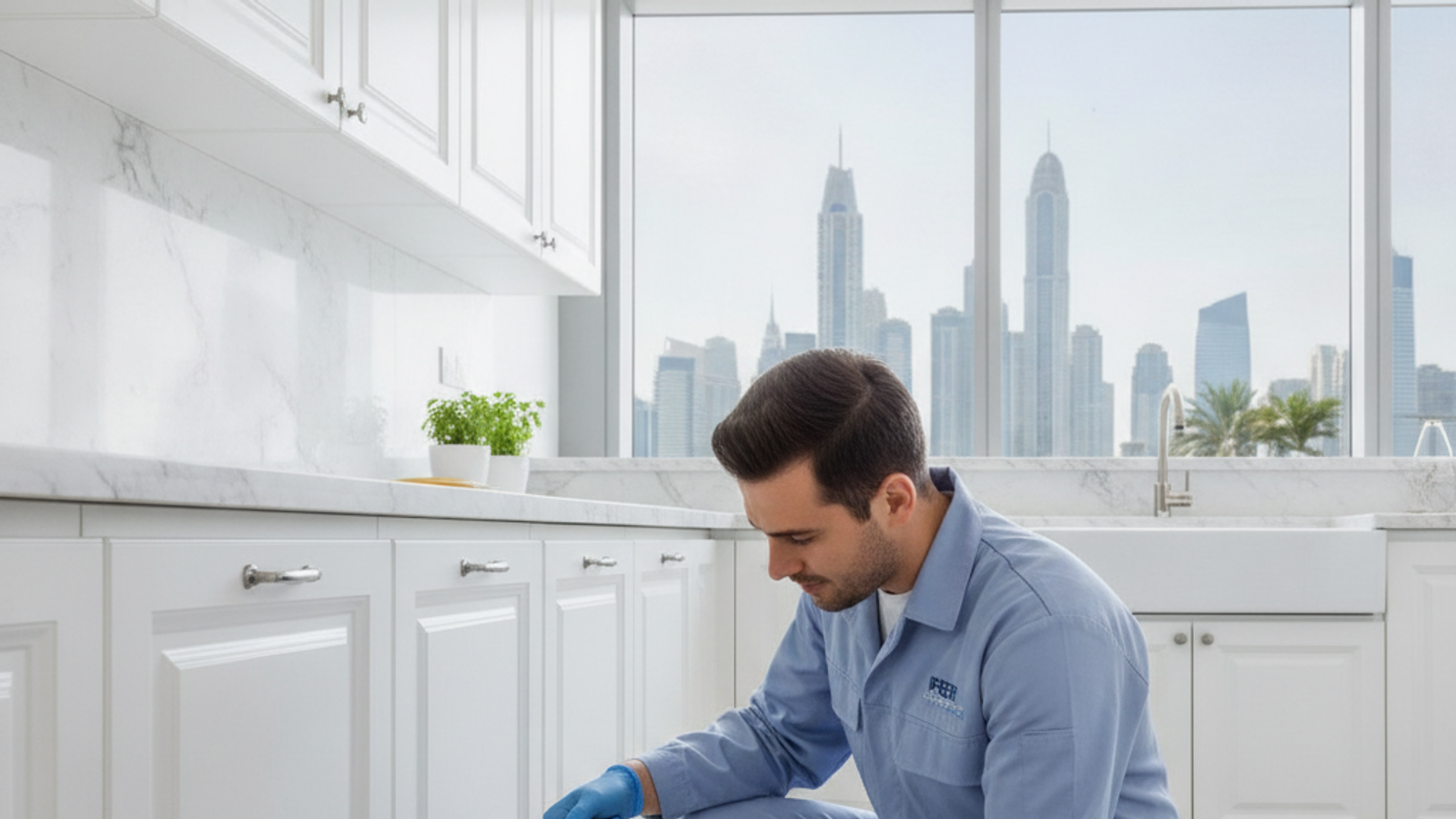 pest control technician applying ant gel bait in a Dubai kitchen