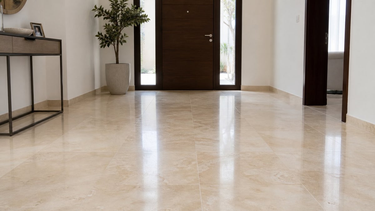 Stone floor extending through an entrance and hallway