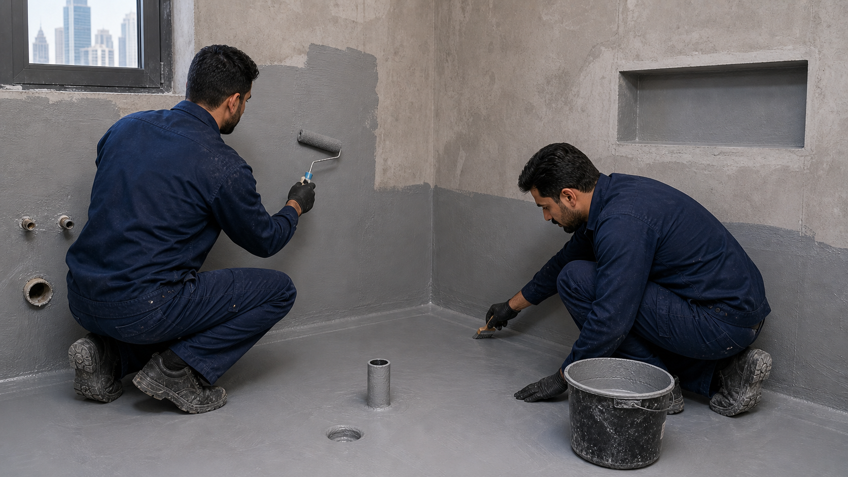male renovation workers applying dark grey cementitious waterproofing during a Dubai apartment bathroom renovation
