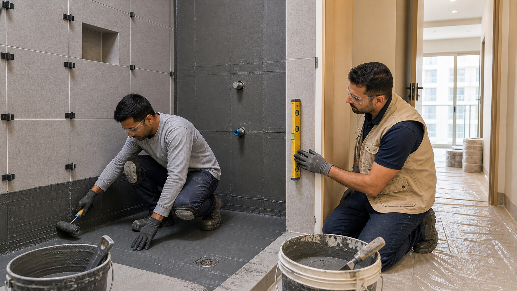 male renovation workers applying dark grey cementitious waterproofing during a Dubai apartment bathroom renovation