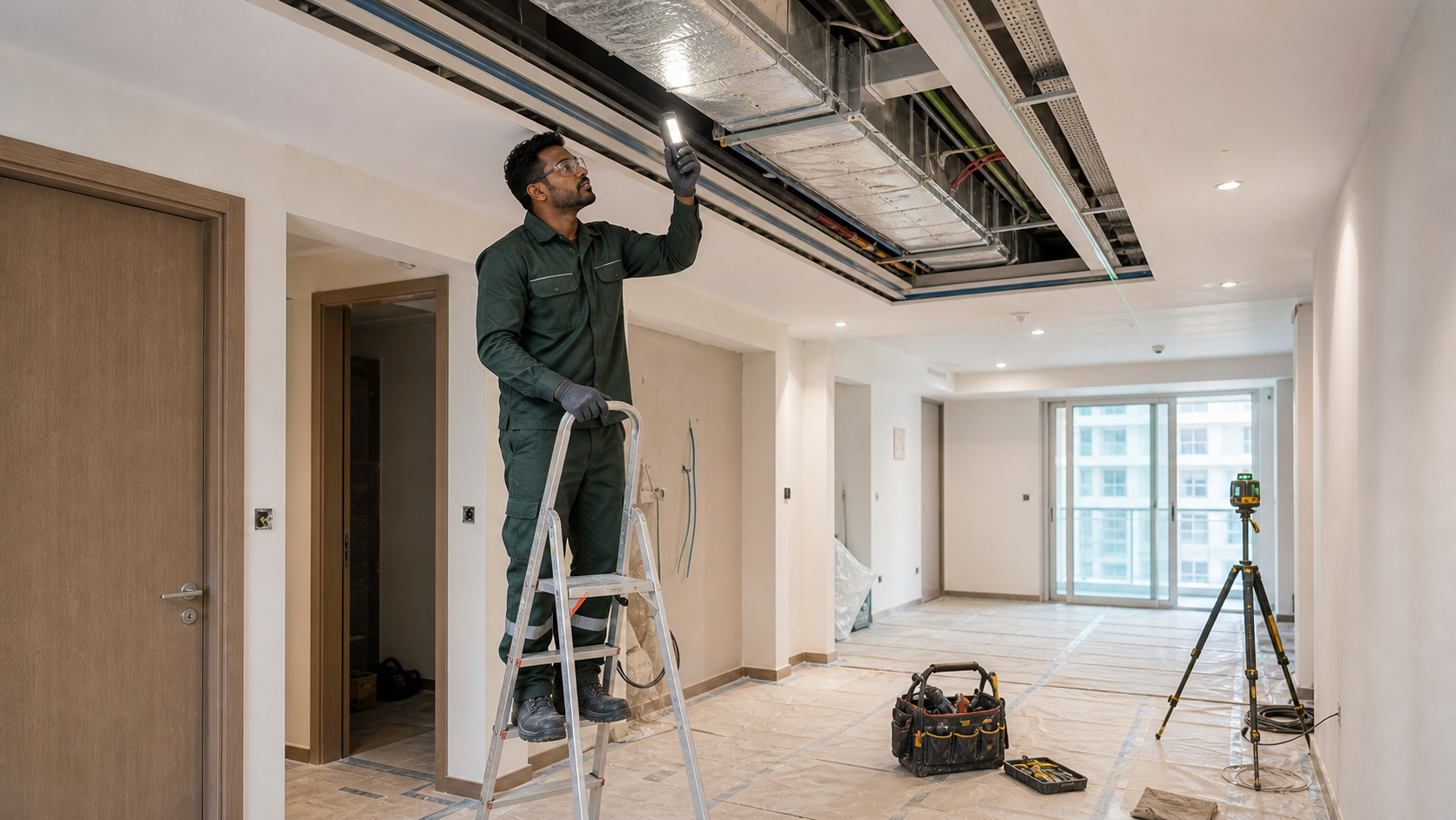 male MEP technician checking ceiling AC and electrical work during a Dubai apartment renovation