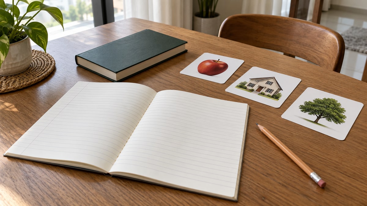 Picture cards and a lined exercise book prepared for a school language lesson