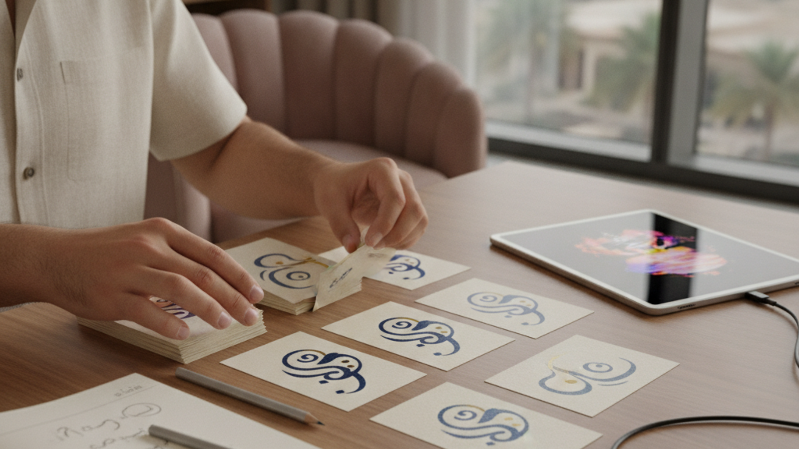 Arabic tutor preparing language flashcards for a Dubai lesson