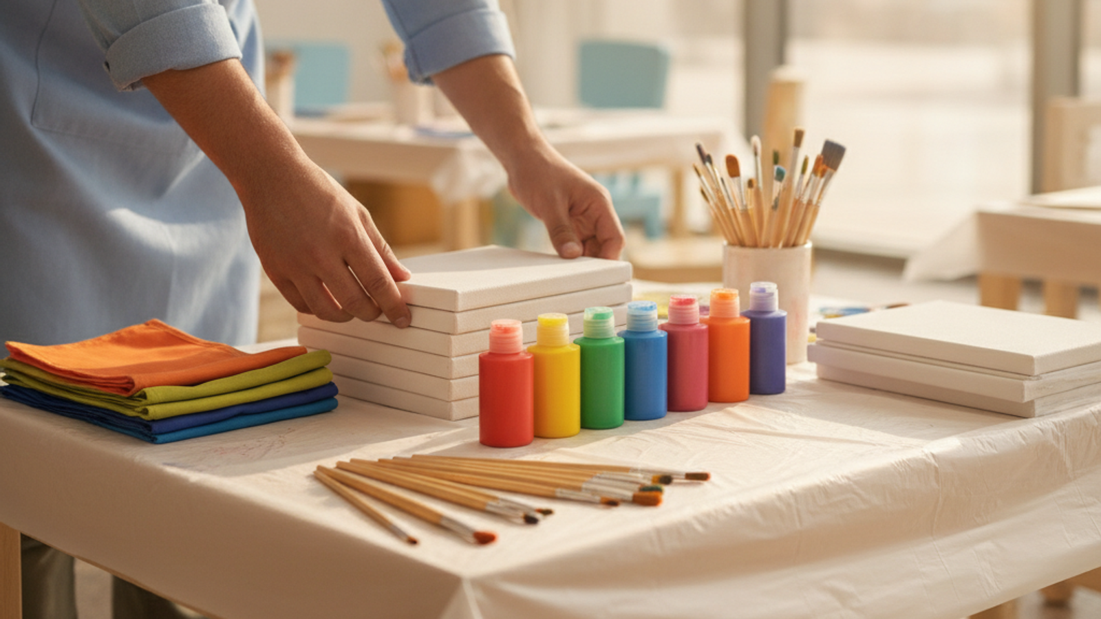 adult art instructor arranging painting supplies for a Dubai kids party