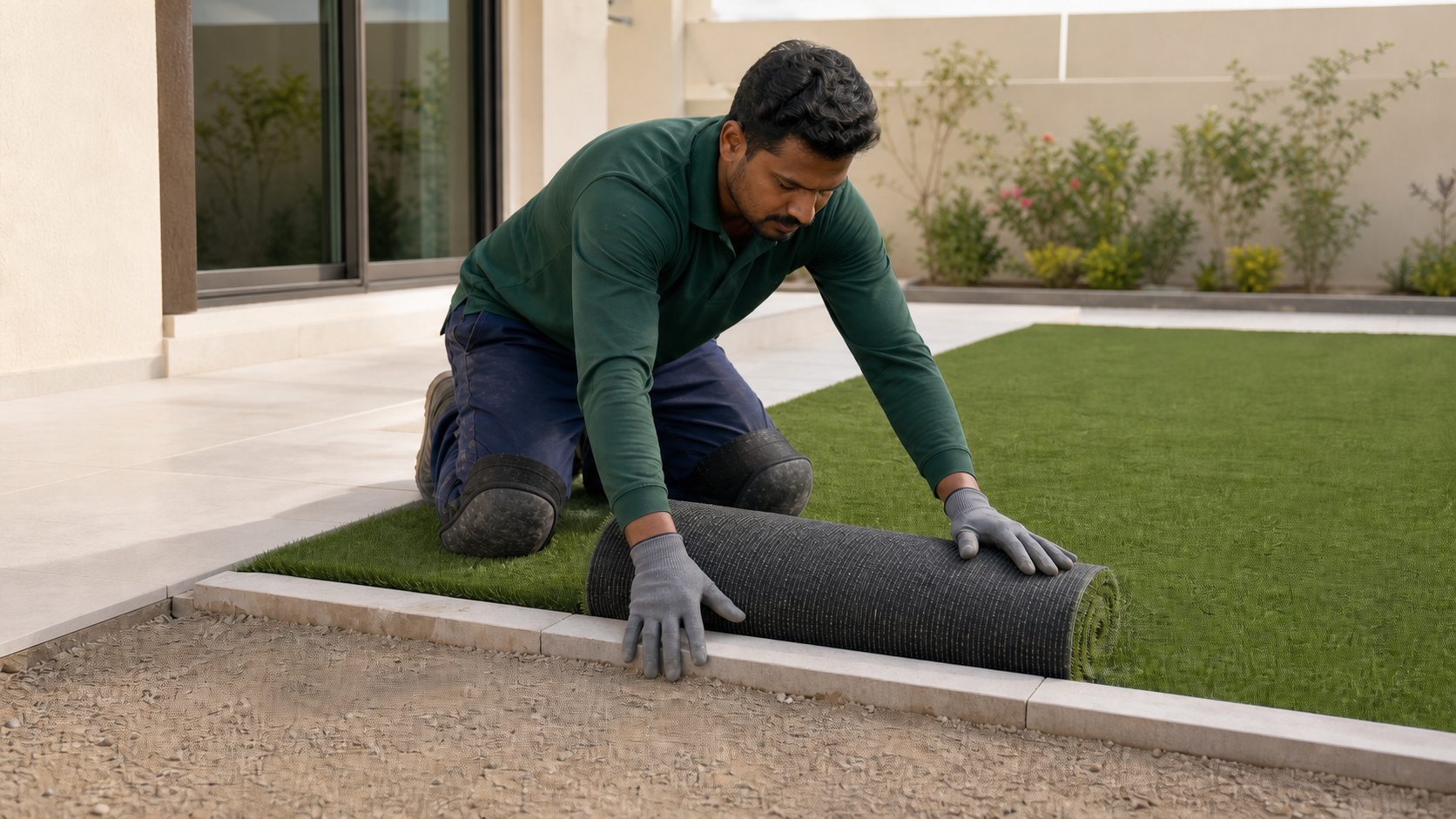 male landscaping professional laying artificial grass beside a Dubai villa patio