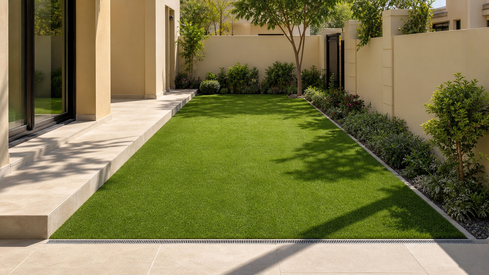 finished artificial grass garden with neat edges beside a modern Dubai villa