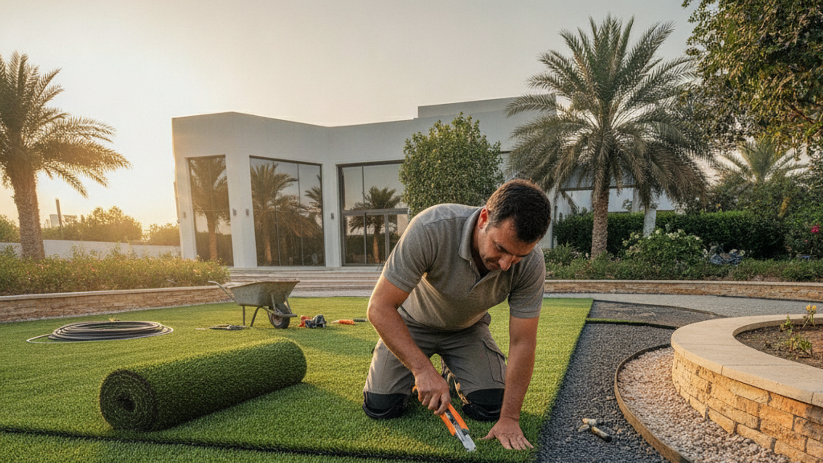 installer laying artificial grass in a Dubai villa garden