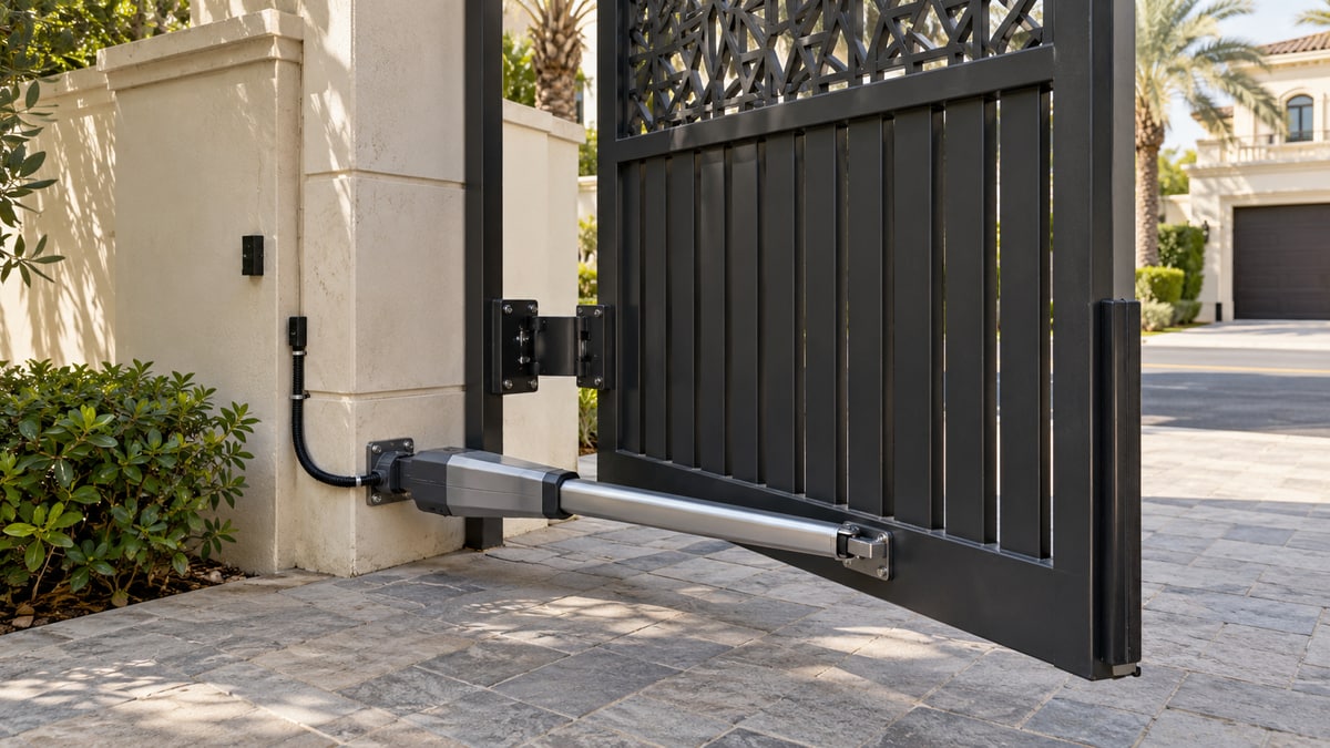 Stationary villa swing gate with a linear actuator connected beside the hinge post