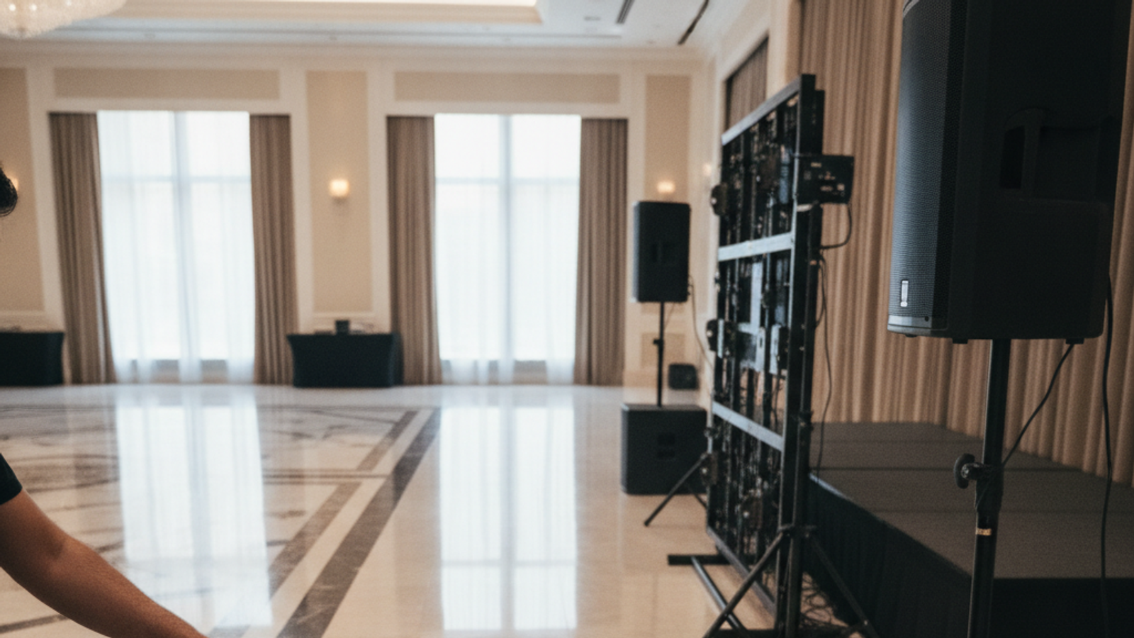 AV technician arranging speakers and microphones for Dubai event