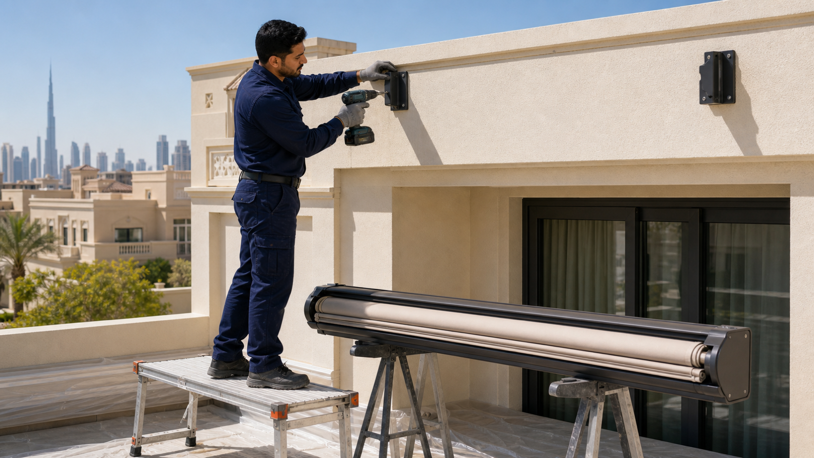 male technician securing an awning frame to a reinforced wall bracket in Dubai
