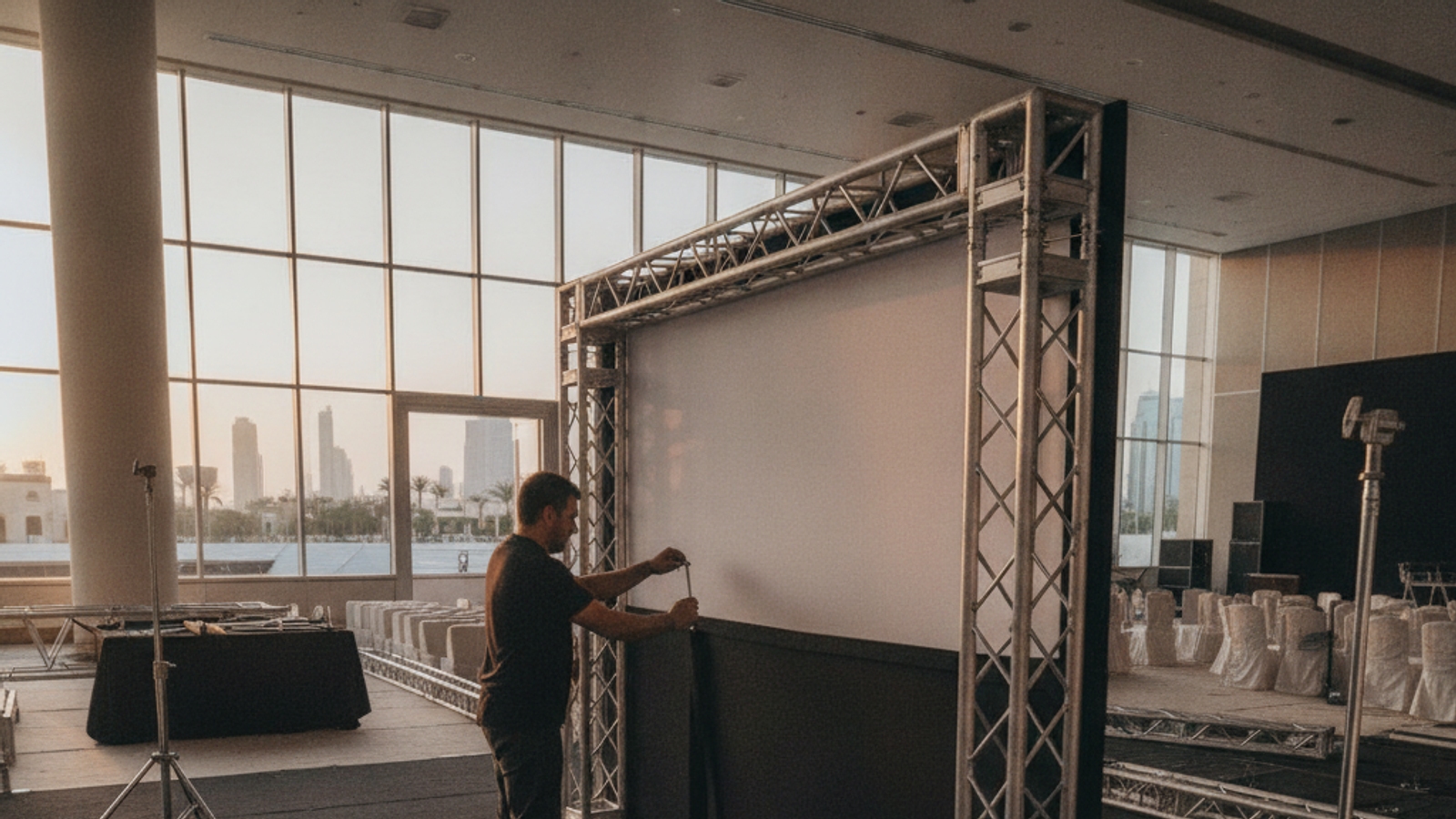 event backdrop installer preparing signage frame in Dubai