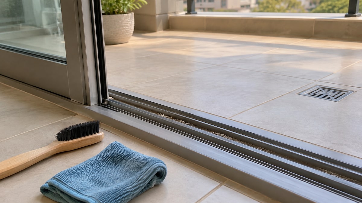 Balcony sliding-door track beside a soft brush and folded microfiber cloth