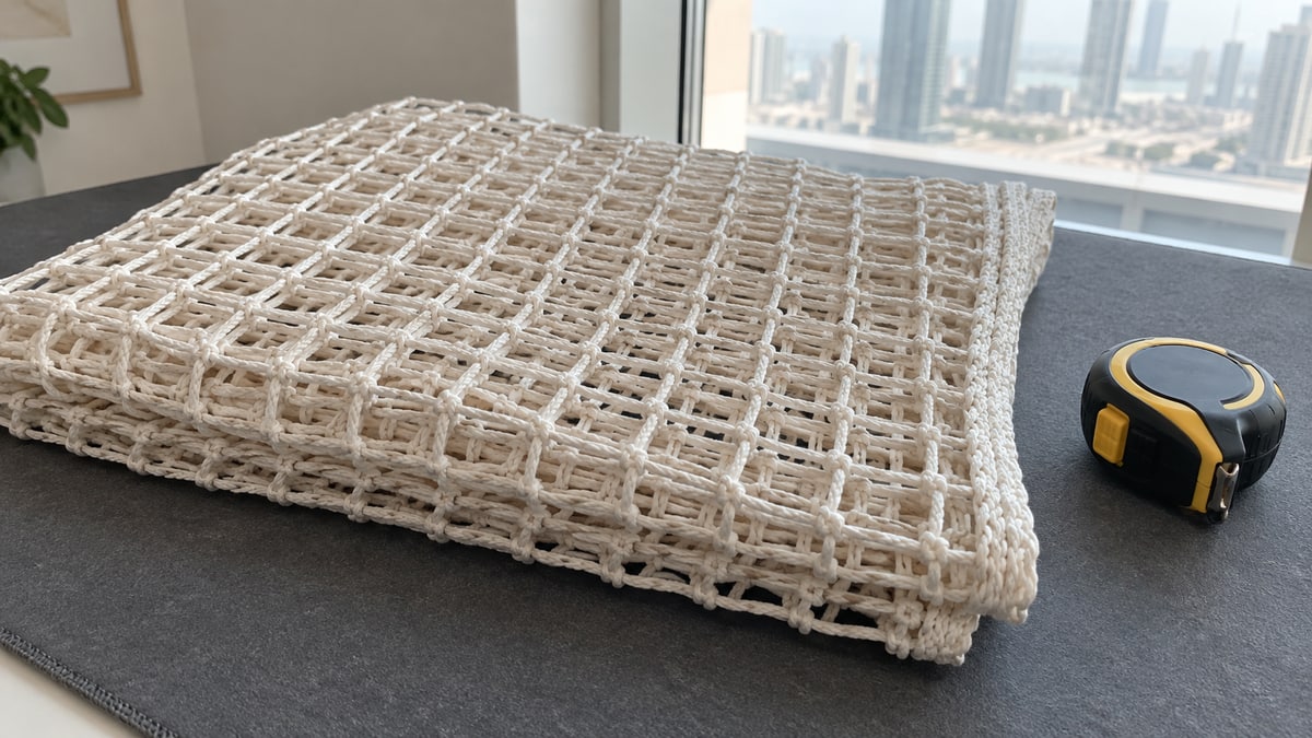 Folded knotted mesh sample with a reinforced edge beside a closed measuring tape