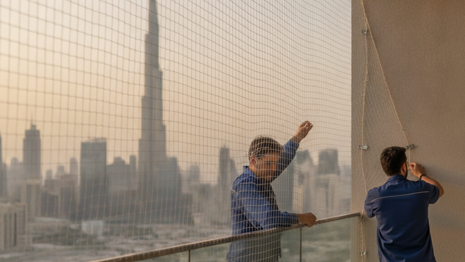 two technicians installing a balcony safety net in a Dubai apartment